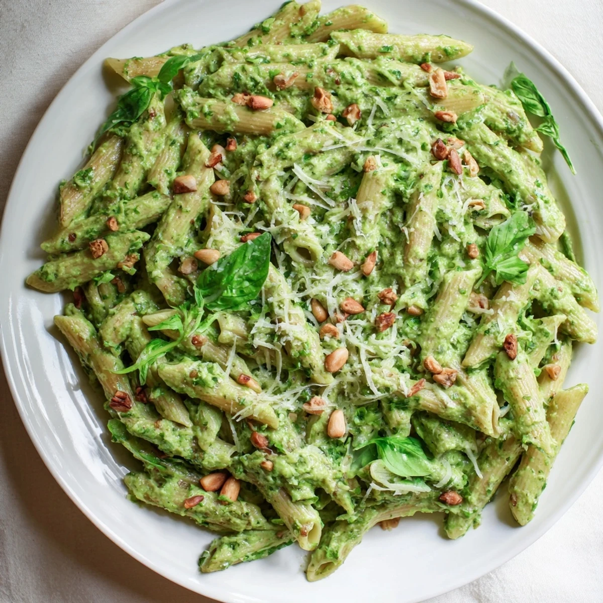 Bright green pesto coats fusilli pasta in this quick, creamy 15-minute pesto pasta dish.