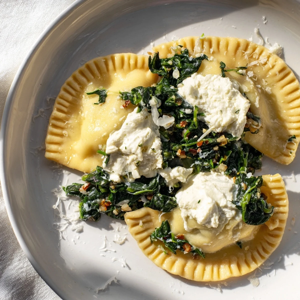 A close-up view presents the beautiful layers of spinach and ricotta puff pastry triangles, freshly baked.