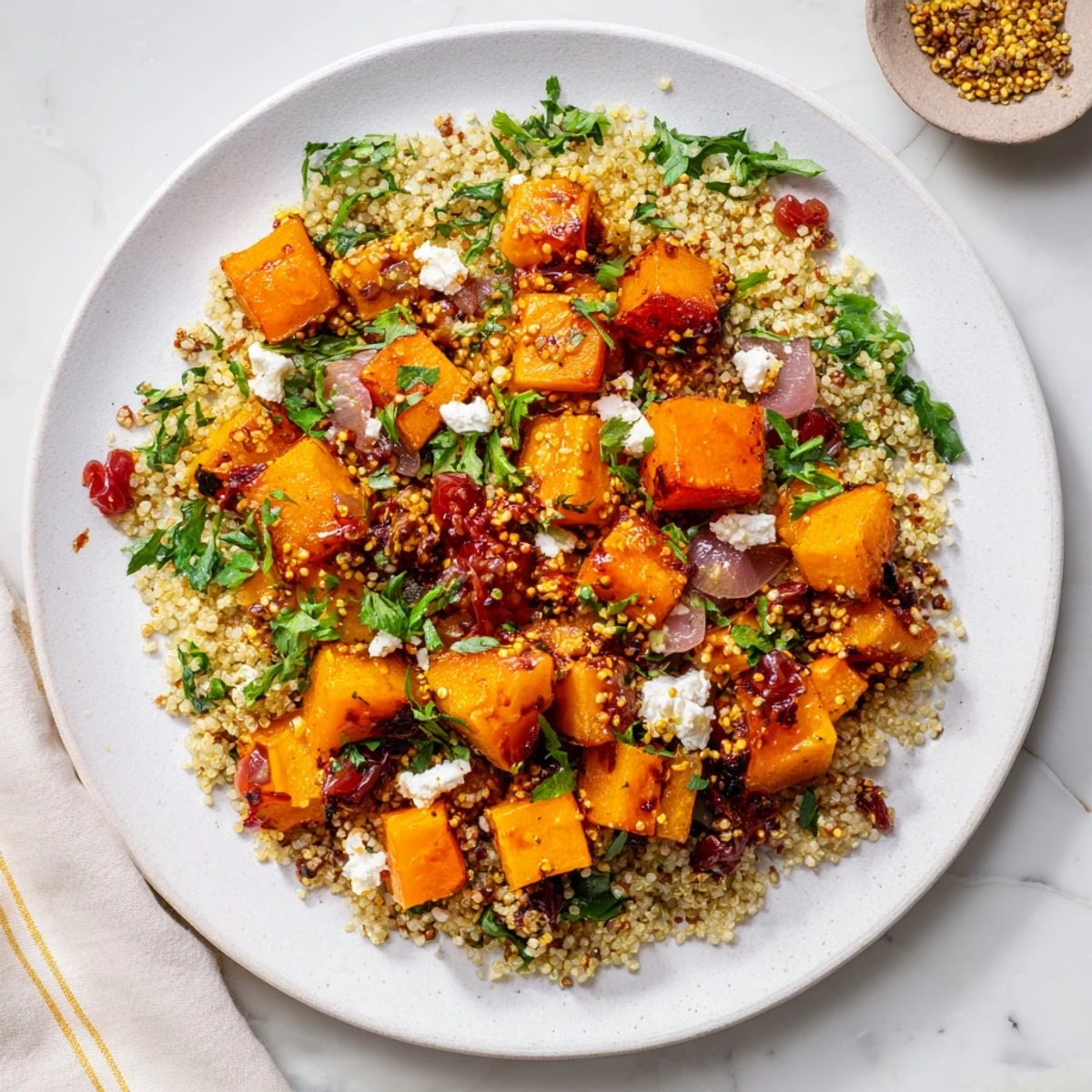 Golden Honey-Roasted Butternut Squash Bowl, a colorful vegetarian delight topped with tangy honey-lime dressing.