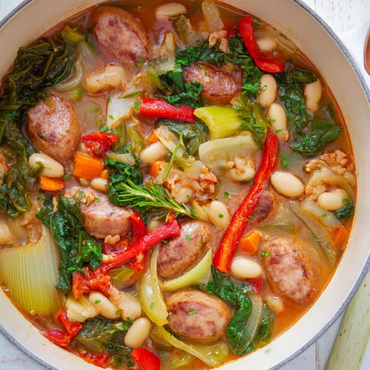 One-Pot Sausage and White Bean Hearty Stew, a steaming bowl with rustic, chunky vegetables.
