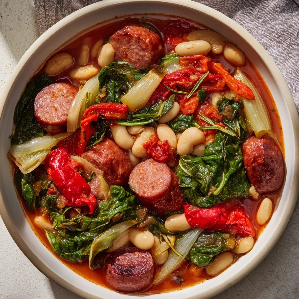 Cozy and flavorful: A single pot brimming with bubbling One-Pot Sausage and White Bean Hearty Stew.