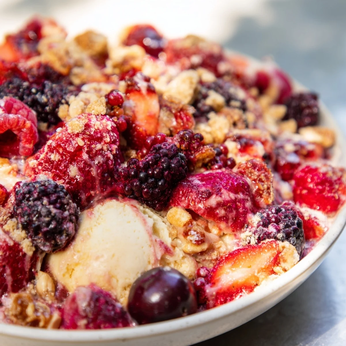 Warm, bubbling Rustic Summer Berry Cobbler, fresh from the oven, with a creamy vanilla ice cream.