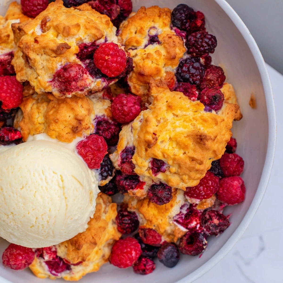 A generous serving of Rustic Summer Berry Cobbler, a delightful American dessert, with vanilla.