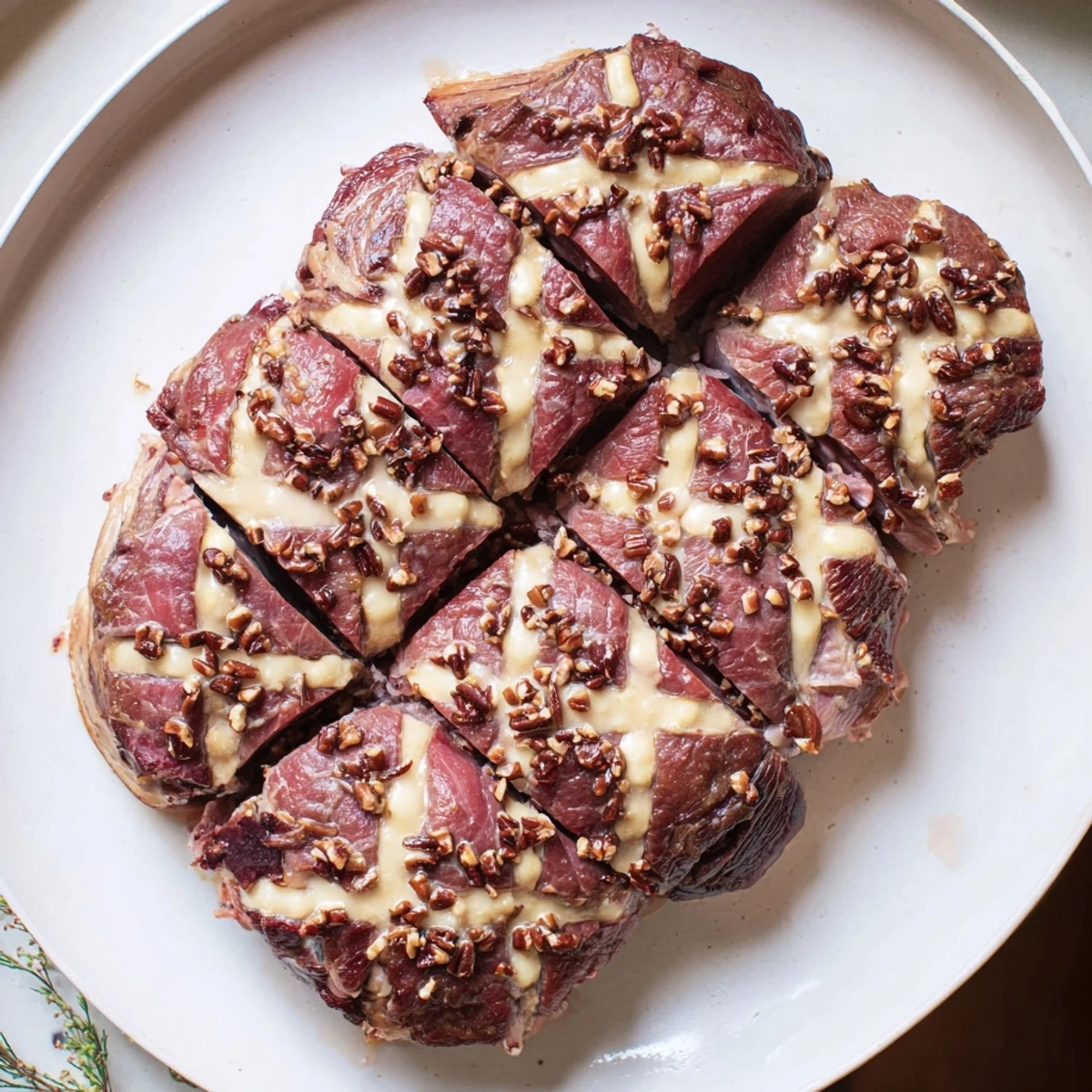 Juicy slices of slow-cooked honey glazed ham glistening with a sweet, spiced glaze, perfect for a feast.
