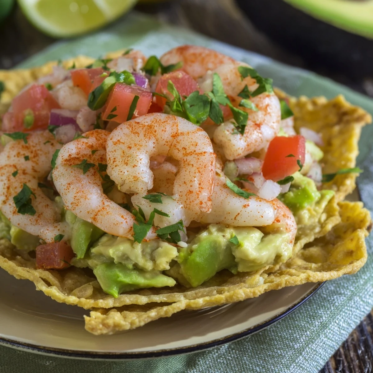 Quick Shrimp and Avocado Tostadas: Perfectly plated tostadas with vibrant shrimp, creamy avocado, ready to enjoy.