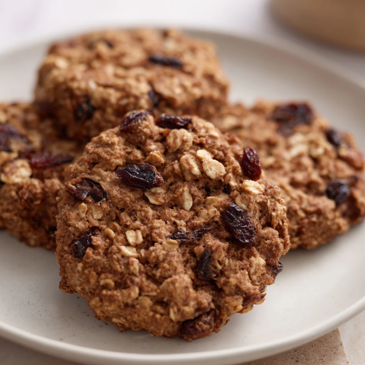 Warm, golden-brown Soft-Baked Oatmeal Raisin Breakfast Cookies, fresh from the oven, offering a delightful aroma.