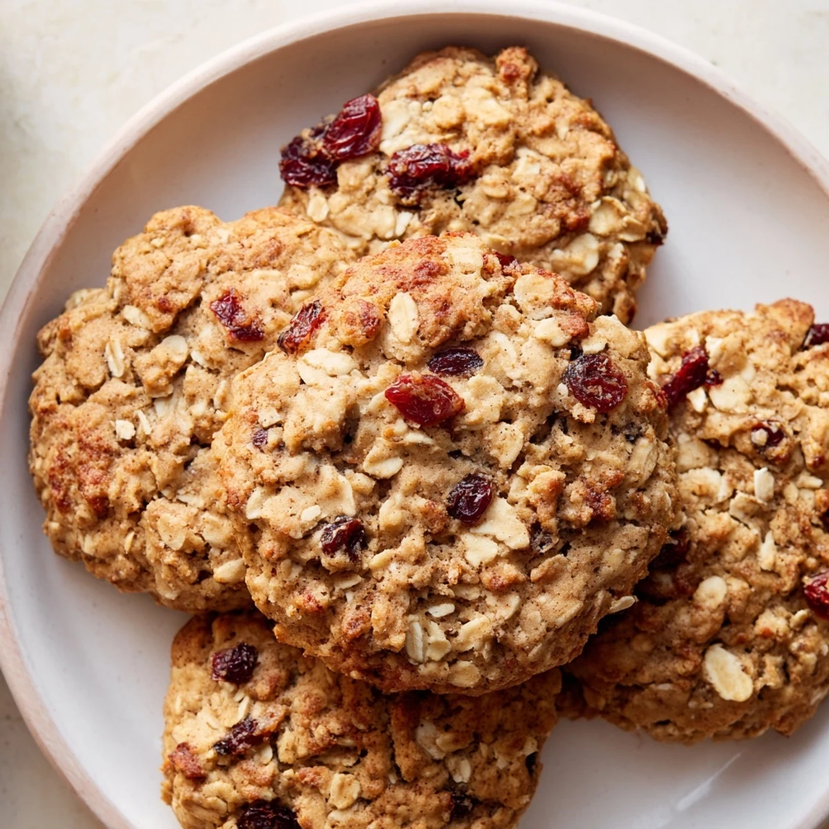 A close-up of chewy Soft-Baked Oatmeal Raisin Breakfast Cookies, speckled with juicy raisins, perfect for a quick breakfast.