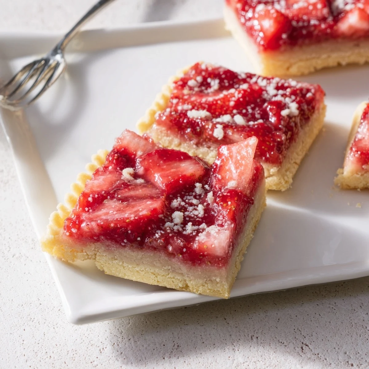 Golden, crumbly Simple Homemade Strawberry Jam Squares, bursting with sweet strawberry flavor, just baked.