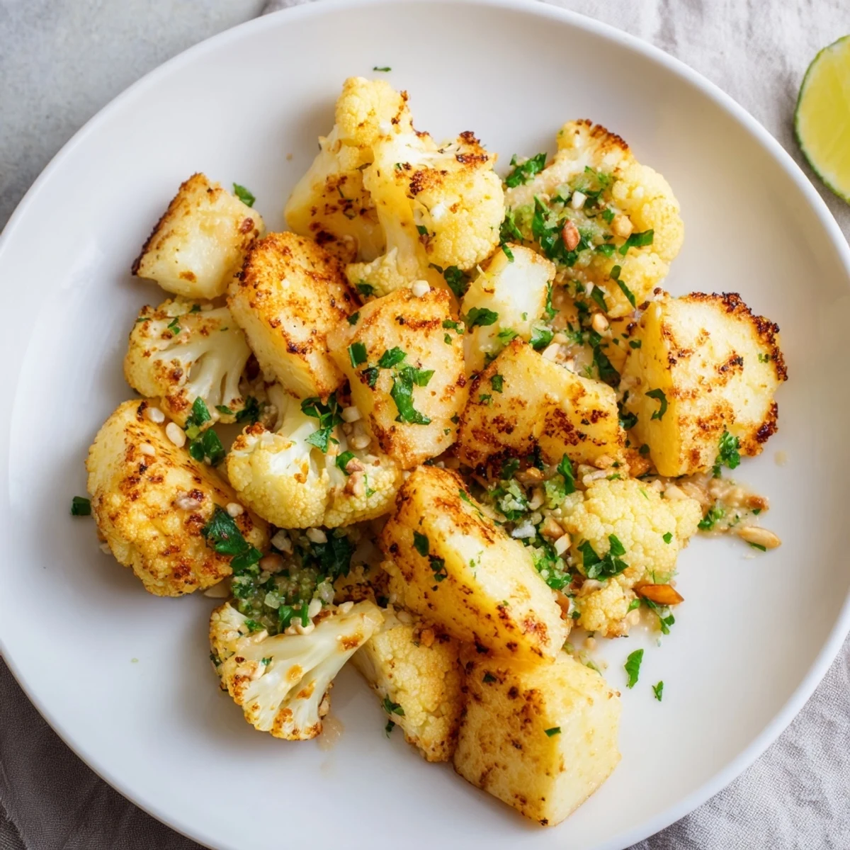 Golden roasted cauliflower steaks drizzled with creamy tahini sauce, ready for a flavorful bite.
