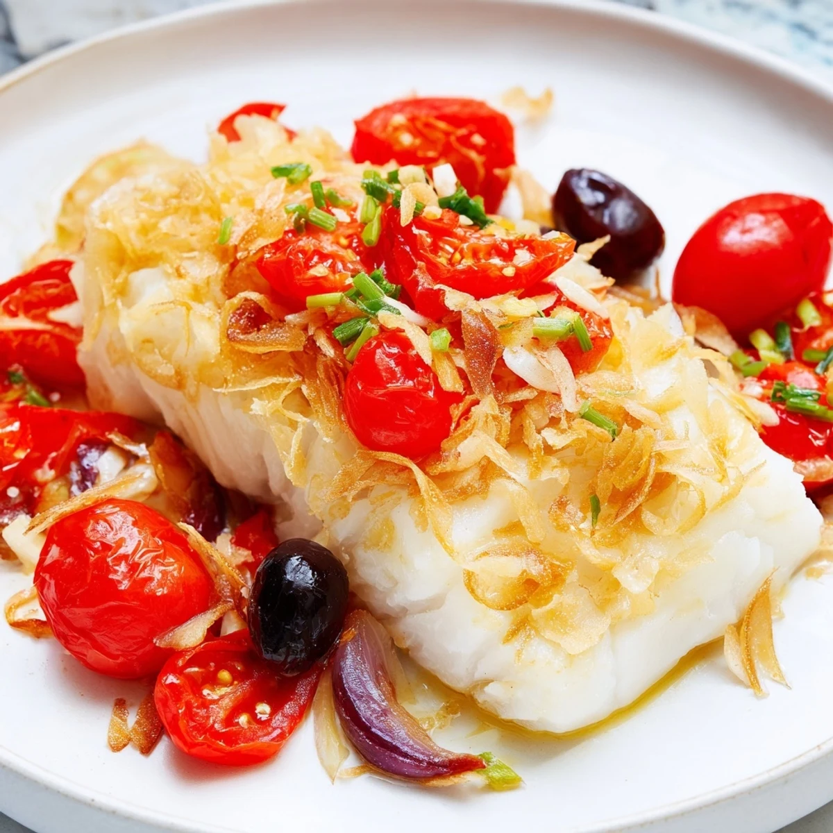 One-Tray Baked Cod sizzling with roasted cherry tomatoes, olives, and herbs, a Mediterranean delight!