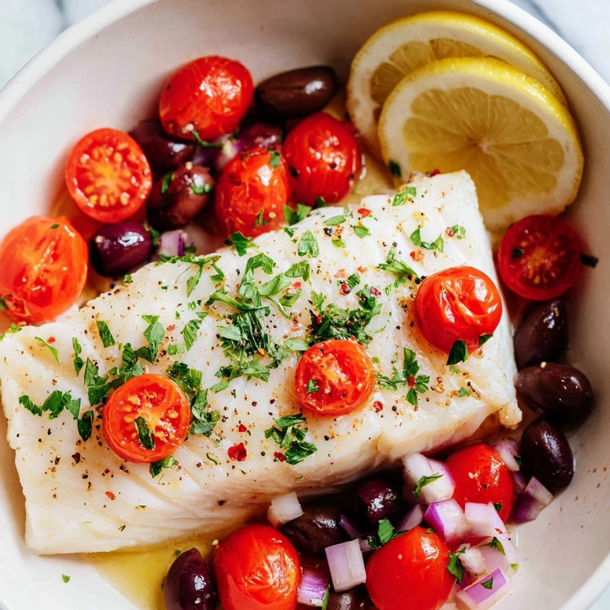 Picture flavorful One-Tray Baked Cod: perfectly cooked fish with vibrant vegetables, ready for serving.