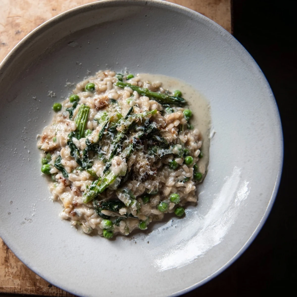 Creamy Parmesan Orzo with Green Peas: A close-up shot of the savory, cheesy pasta with vibrant peas.