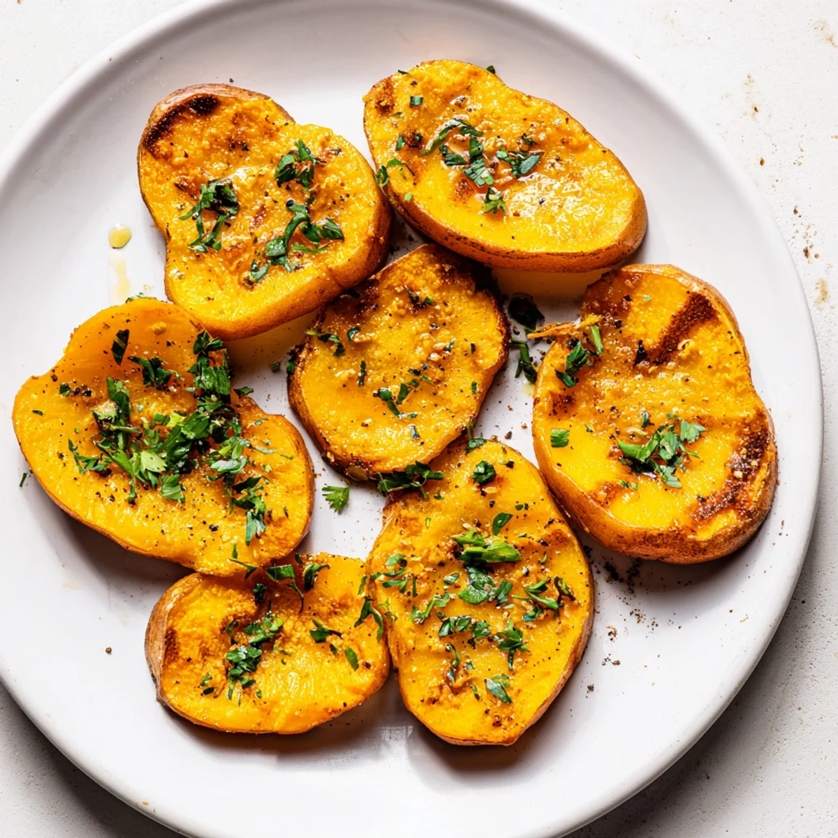 Golden, crispy garlic butter roasted smash potatoes, bubbling gently after roasting, a savory side dish.