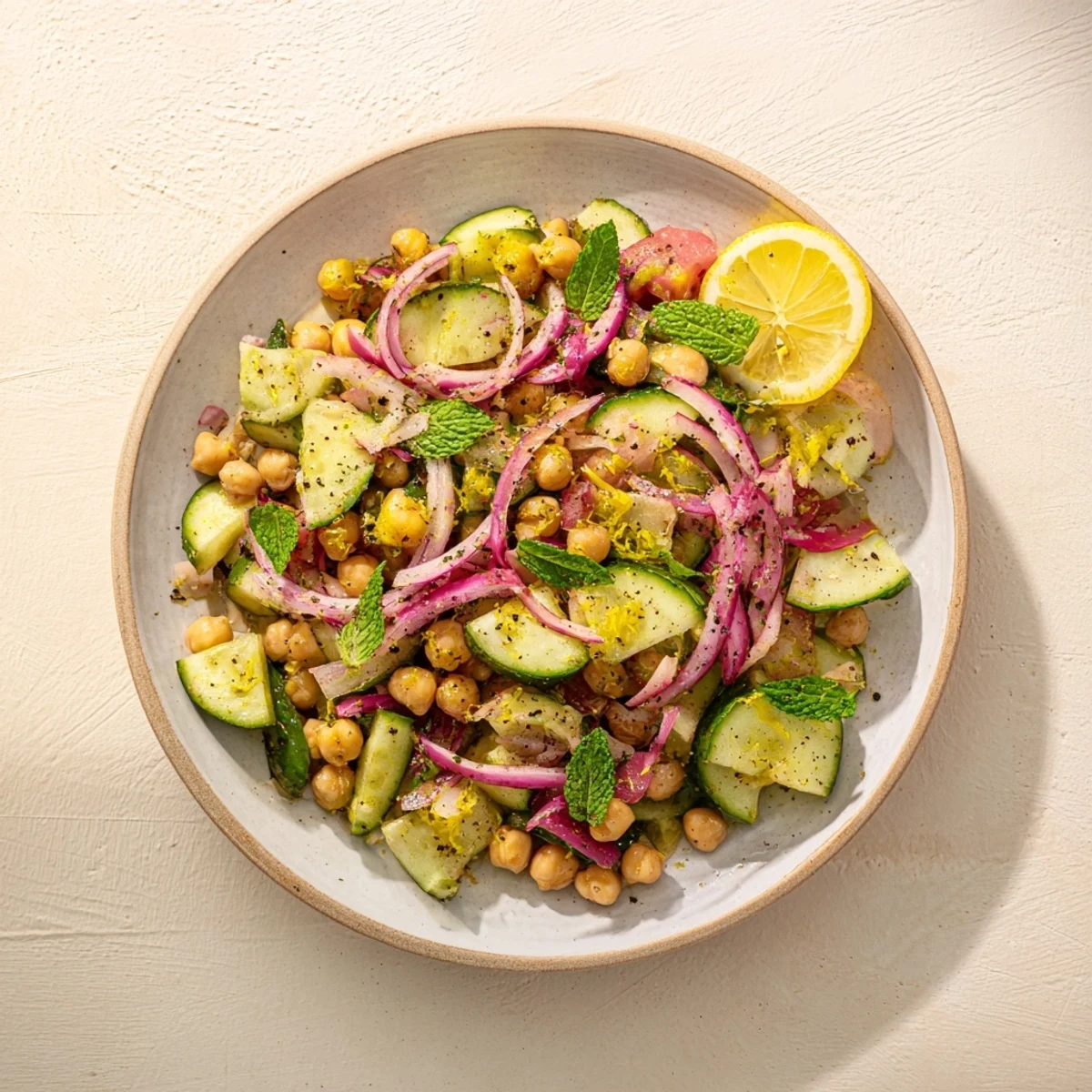 Fresh Cucumber and Chickpea Salad with Lemon Mint, showcasing bright, fresh ingredients in a Mediterranean bowl.