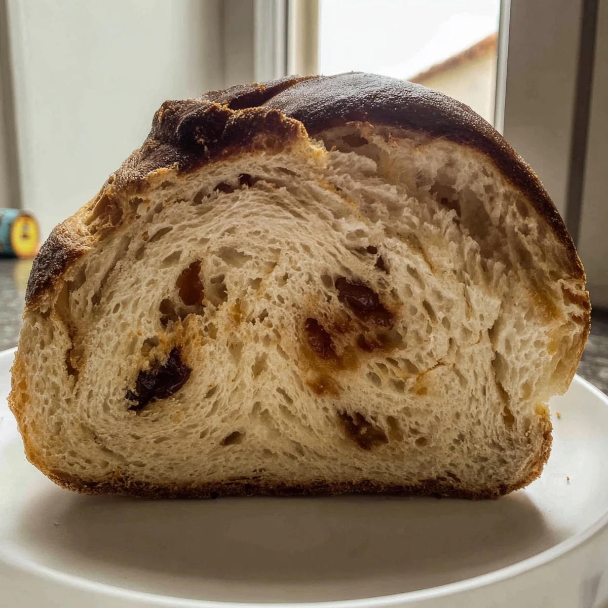 Warm slice of Homemade Cinnamon Swirl Raisin Bread showing soft, airy texture perfect for breakfast.