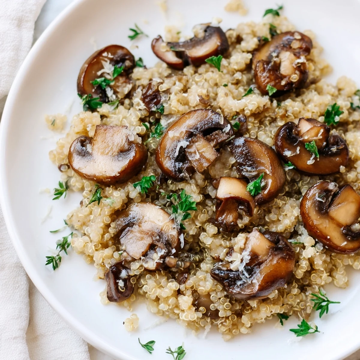 Steaming bowl of Mushroom Quinoa Risotto, creamy and rich, garnished with fresh parsley and Parmesan.
