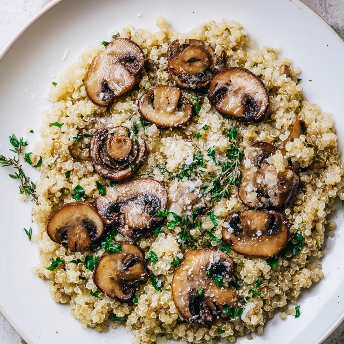 Close-up of golden Mushroom Quinoa Risotto, showing the creamy texture and earthy mushroom pieces.