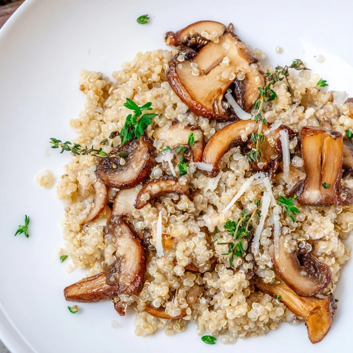 A comforting serving of gluten-free Mushroom Quinoa Risotto, ready to eat alongside a glass of white wine.