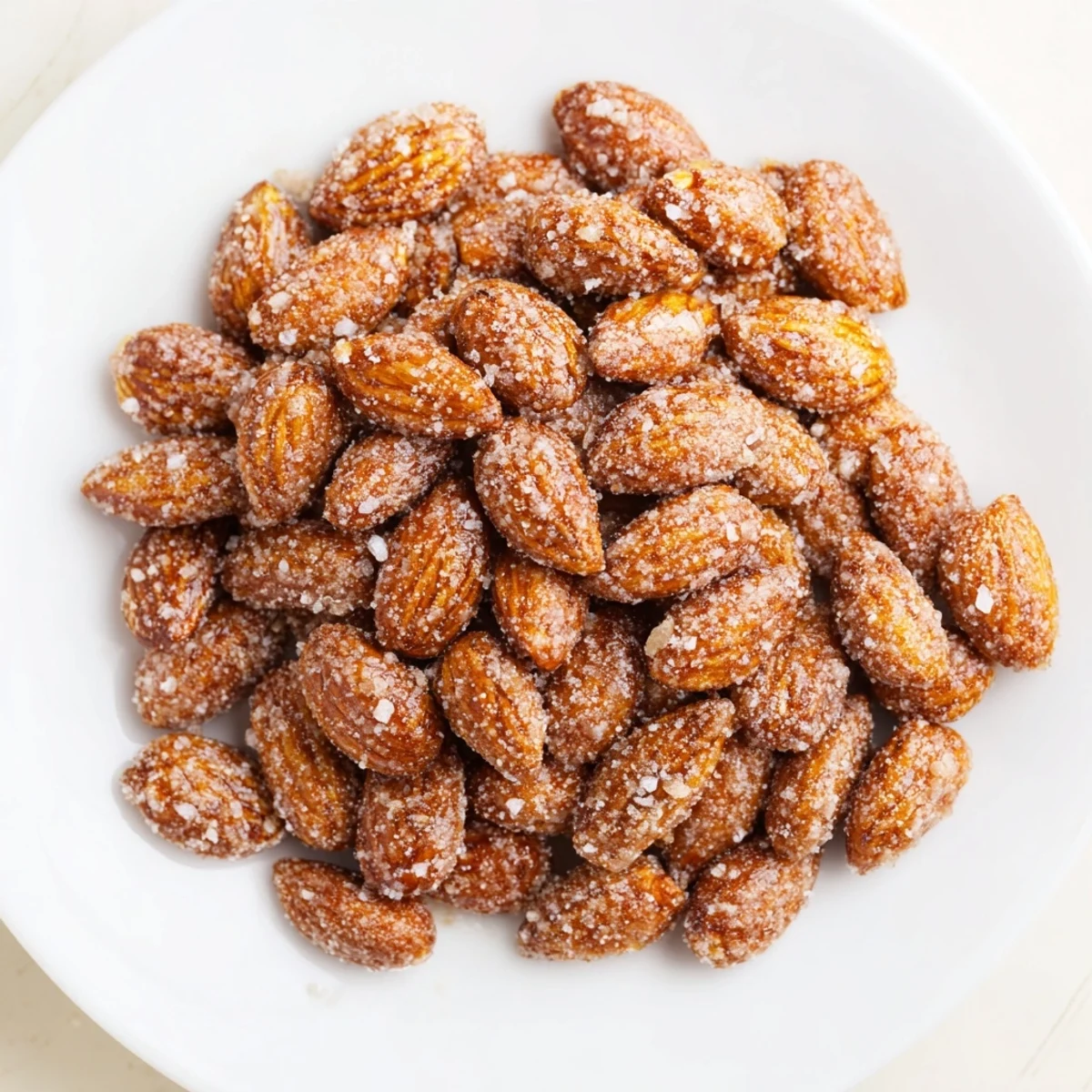 Golden and glistening cinnamon roasted almonds piled on a baking sheet, ready to cool and crisp.