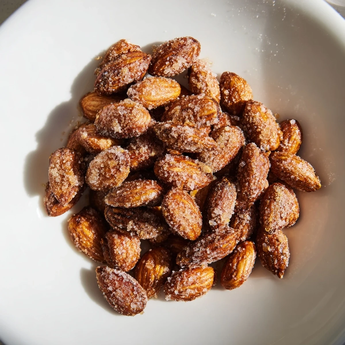 Sweet and spicy cinnamon roasted almonds, perfect for a cozy snack on a cool evening.