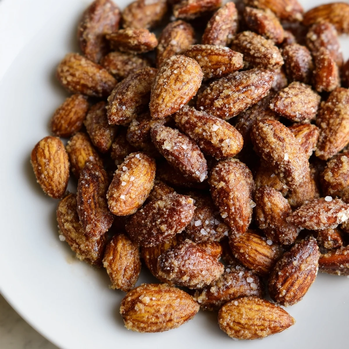 Close-up of freshly baked cinnamon roasted almonds, featuring their crunchy, caramelized coating.