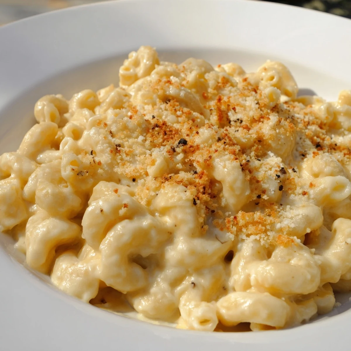 This photo shows a creamy bowl of butternut squash mac and cheese, ready to eat and enjoy.
