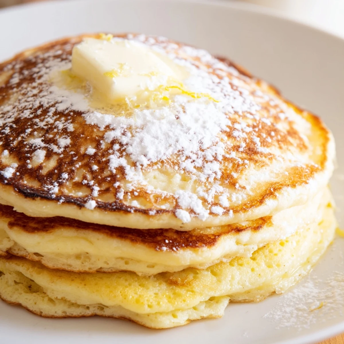 Fluffy Lemon Ricotta Pancakes, cooked to perfection, ready to be drizzled with sweet maple syrup.