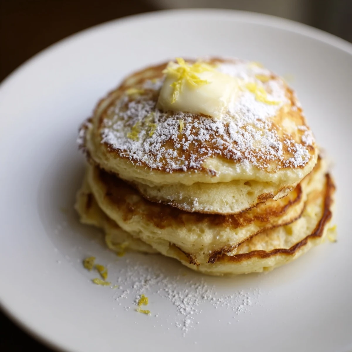 Golden-brown Lemon Ricotta Pancakes topped with fresh berries, perfect for a cozy brunch.