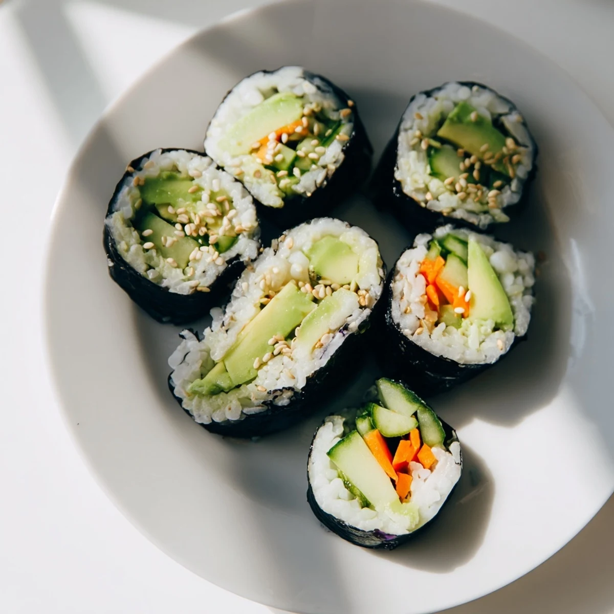 Close-up of freshly made Avocado Cucumber Sushi rolls with vibrant, colorful veggie fillings ready to enjoy.