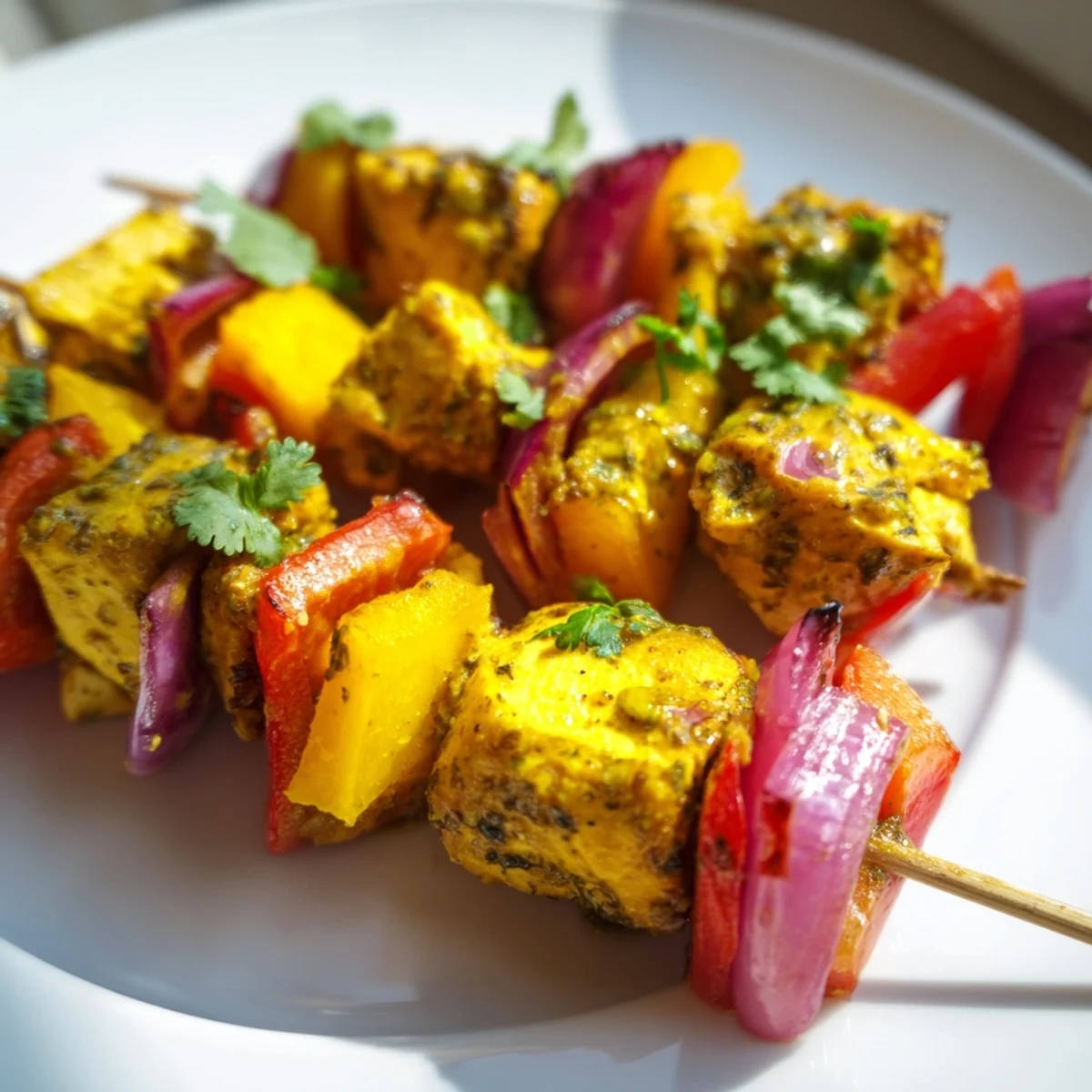 Juicy Mango Lime Chicken Skewers with charred peppers and onions ready for a delicious summer meal.