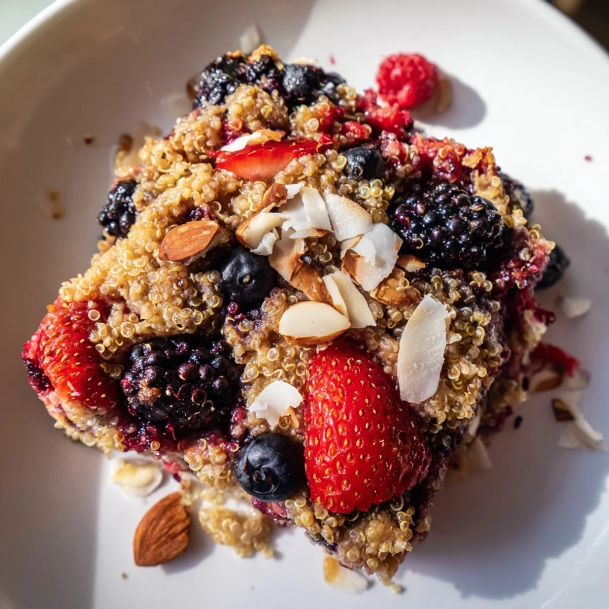 A close-up of a freshly baked Berry Quinoa Breakfast Bake, showing the fluffy texture and vibrant berries.