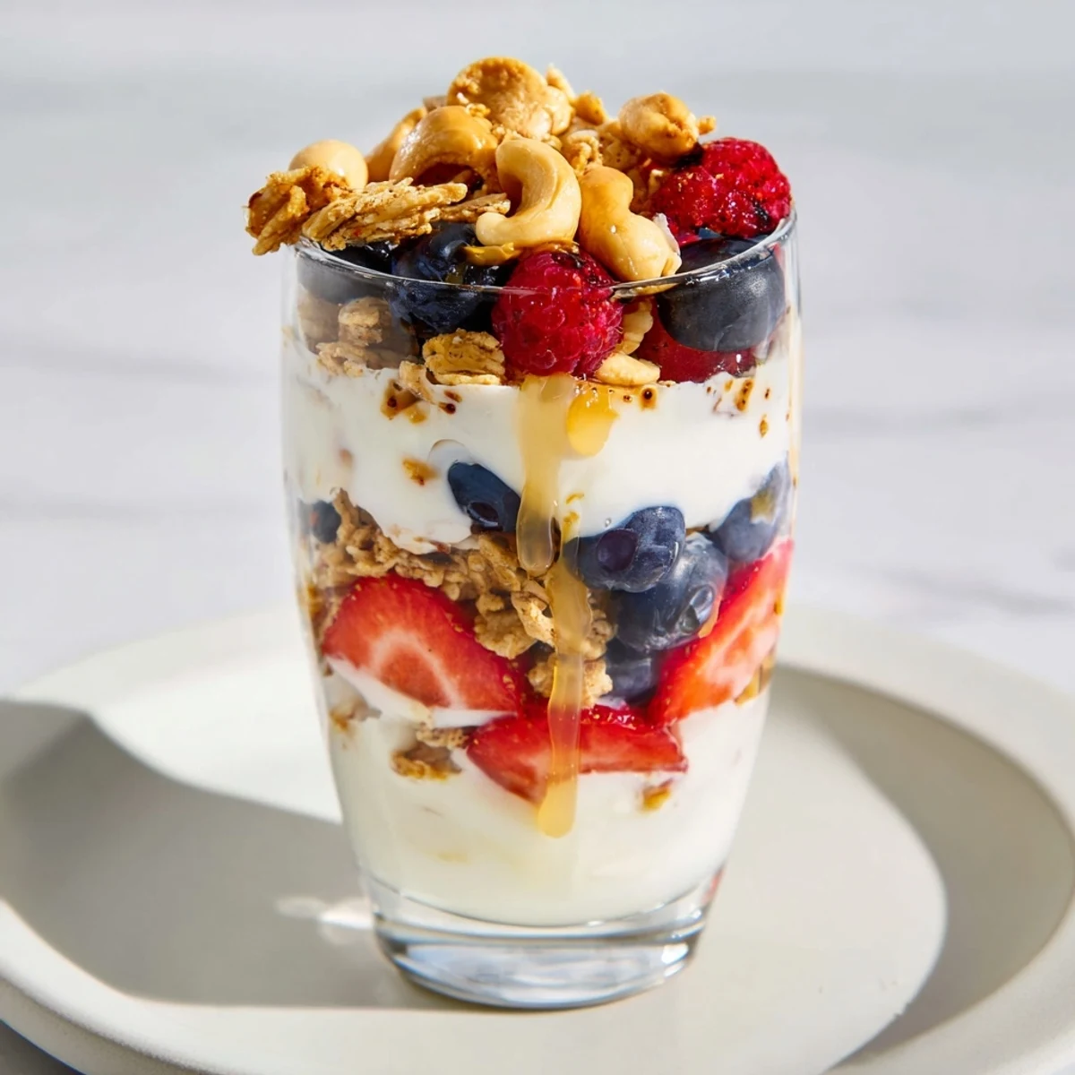A beautiful Cashew Butter Yogurt Parfait with ripe, juicy berries and a crunchy granola topping.