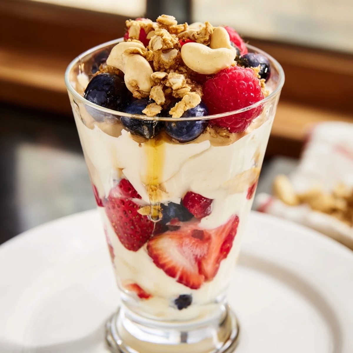 Creamy cashew butter yogurt parfait layered with berries and granola, ready to eat for breakfast.