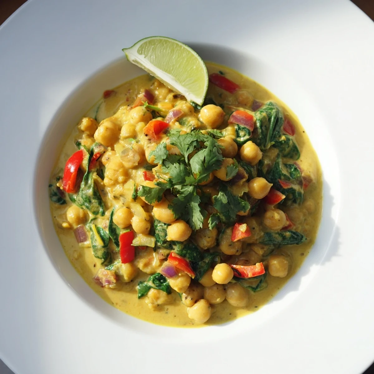 Savory aromas arise from the bubbling Chickpea Curry, a colorful mix of spices and vegetables ready to serve.