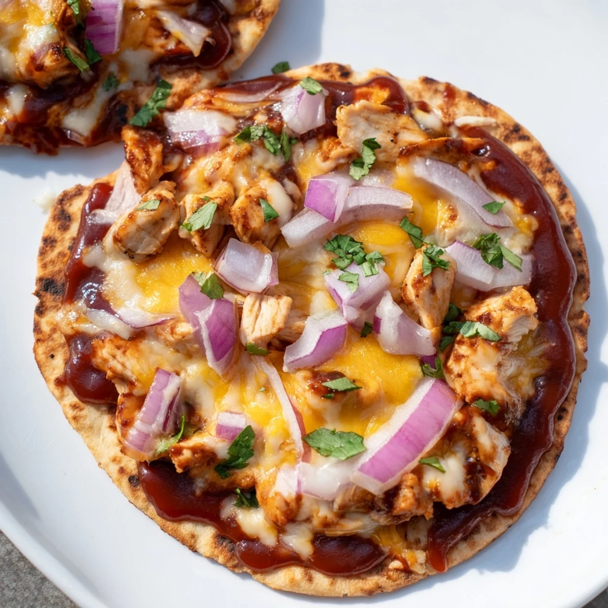 BBQ Chicken Flatbread, a bubbling, cheesy flatbread with flavorful chicken and fresh cilantro.