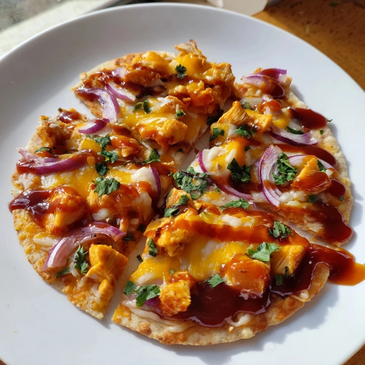 Mouthwatering, cooked BBQ Chicken Flatbread, ready to slice and perfect for sharing with friends.