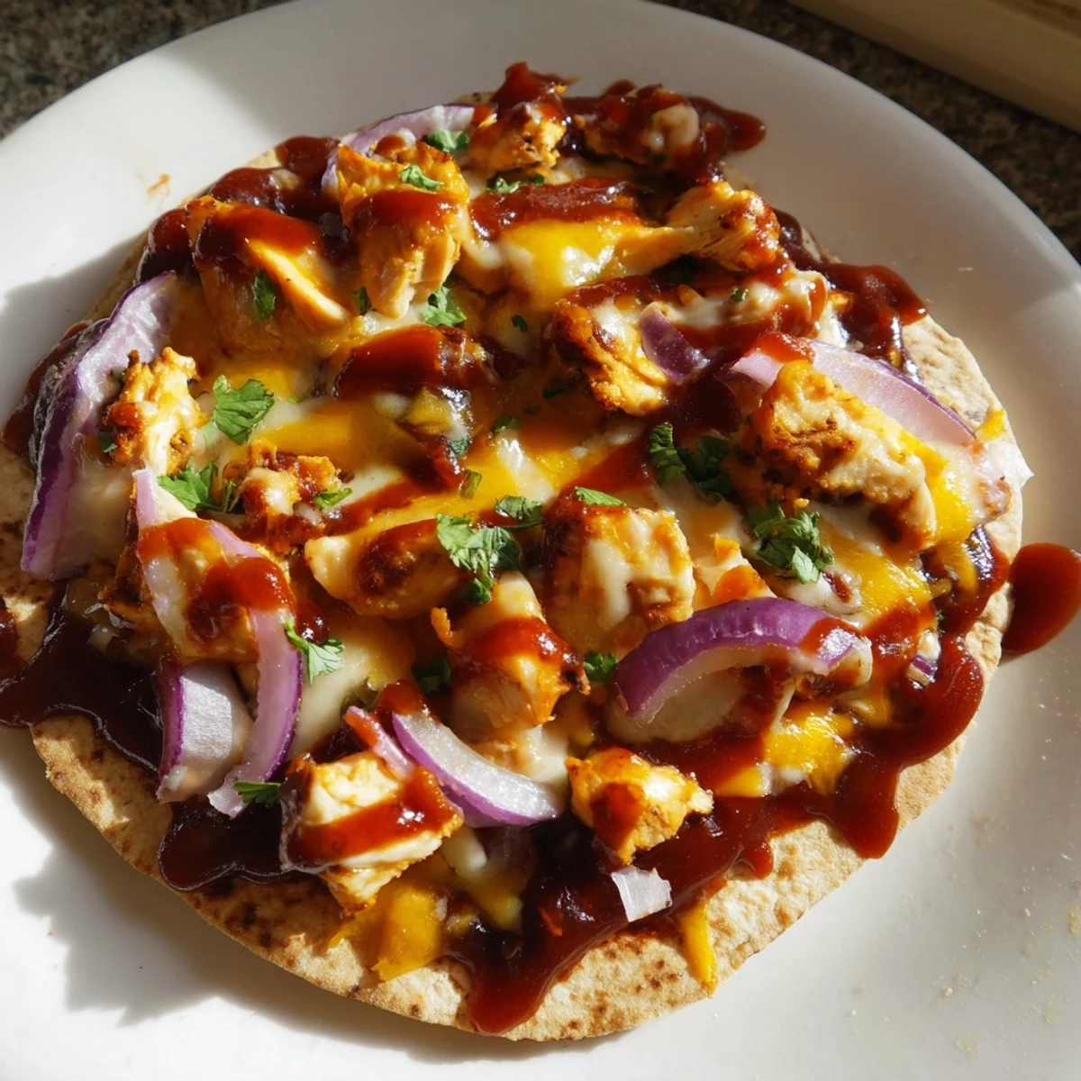 Enjoy a close-up of a golden BBQ Chicken Flatbread, perfect for a quick, satisfying meal.