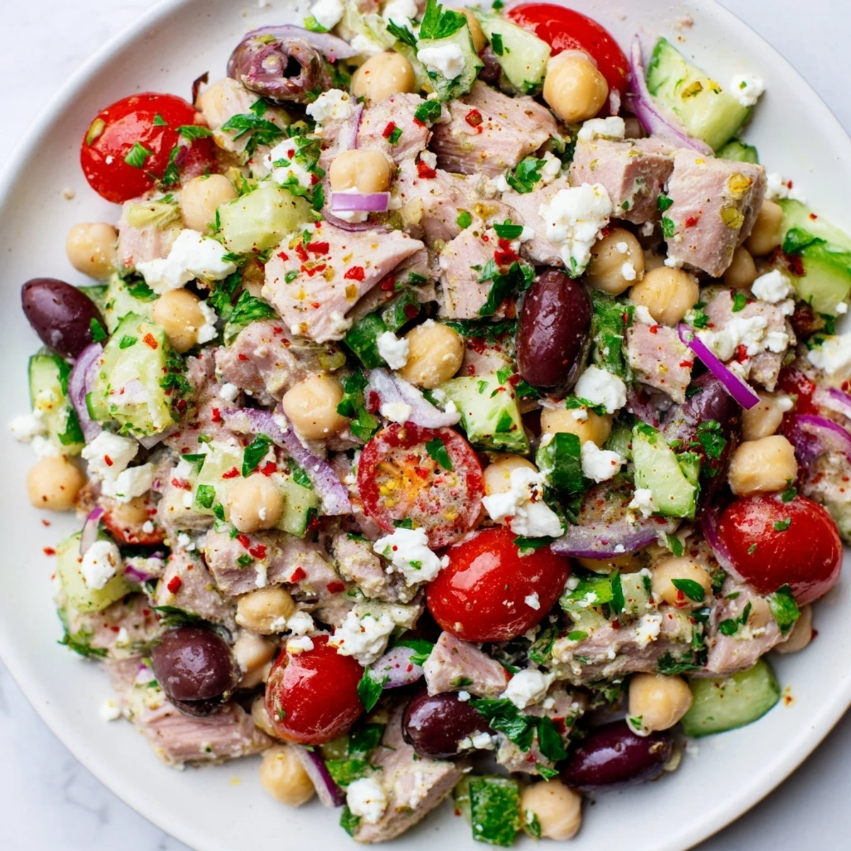 Tuna Chickpea Salad, a refreshing bowl of tuna, chickpeas, and bright veggies drizzled with lemon dressing.