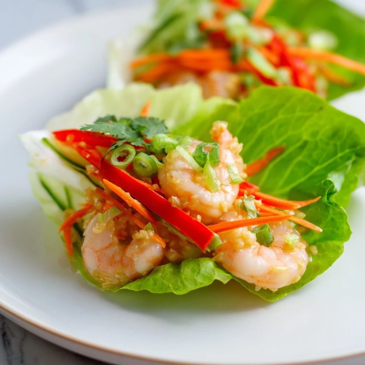 Delectable shrimp lettuce cups, served with colorful veggies, offering a refreshing and flavorful bite.