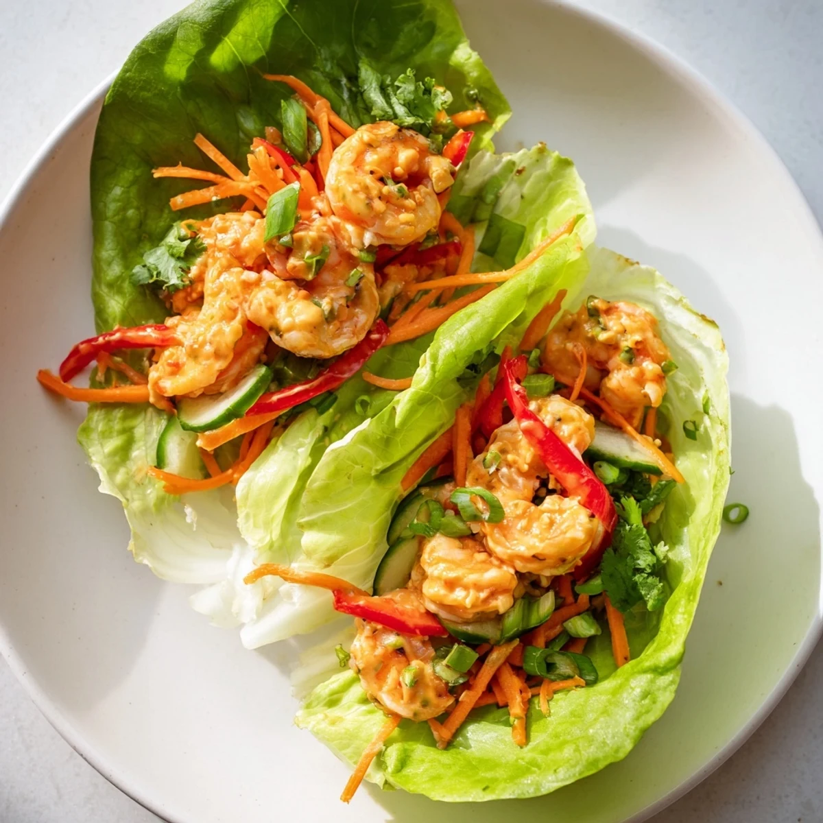 Vibrant overhead shot showcases fresh, cooked shrimp lettuce cups on a platter, ready to be enjoyed.