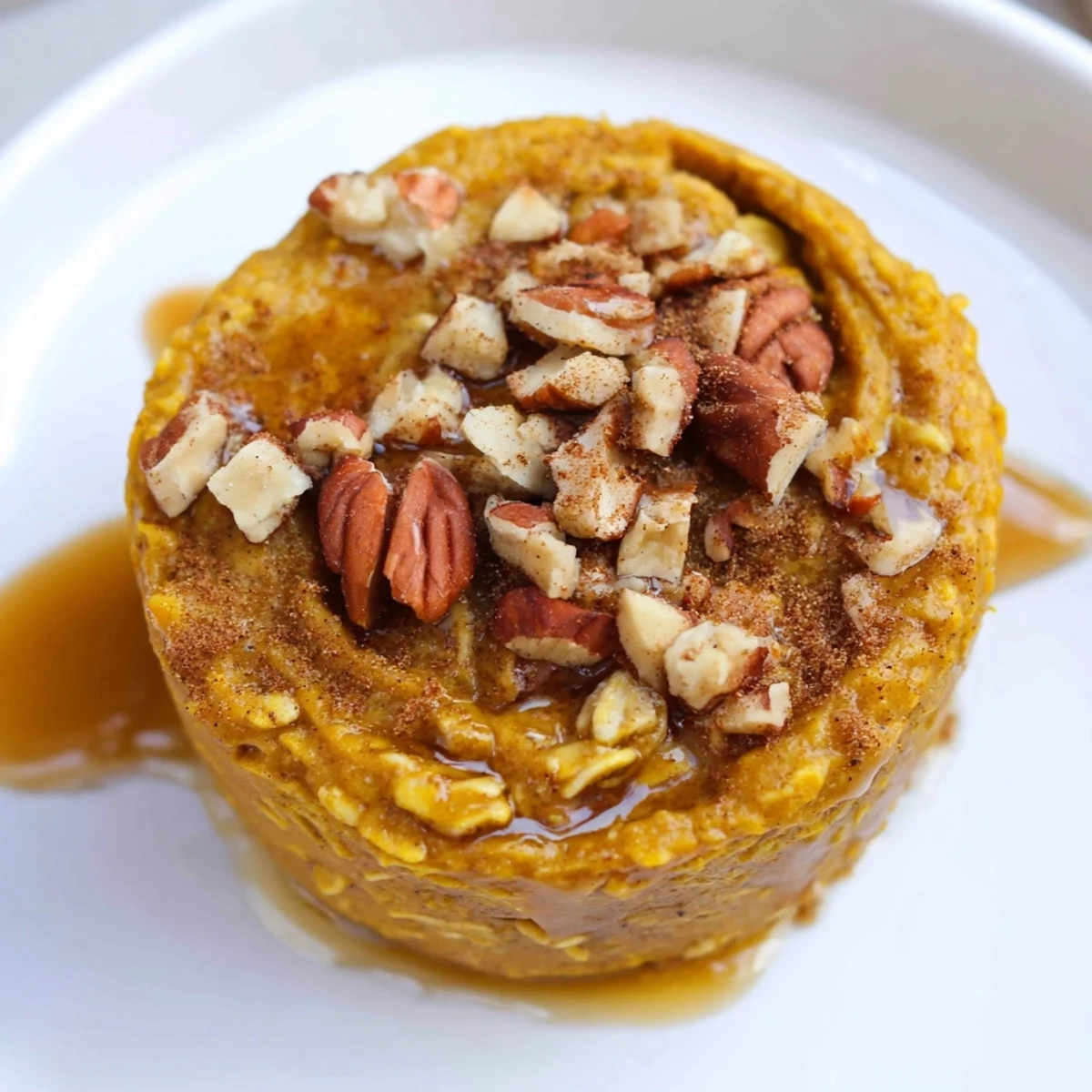 Golden, baked Pumpkin Spice Baked Oats, steaming hot and topped with crunchy pecans, perfect for breakfast.