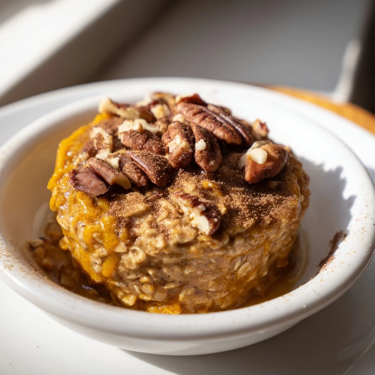A close-up of fluffy Pumpkin Spice Baked Oats, speckled with spices and ready to be enjoyed with a spoon.