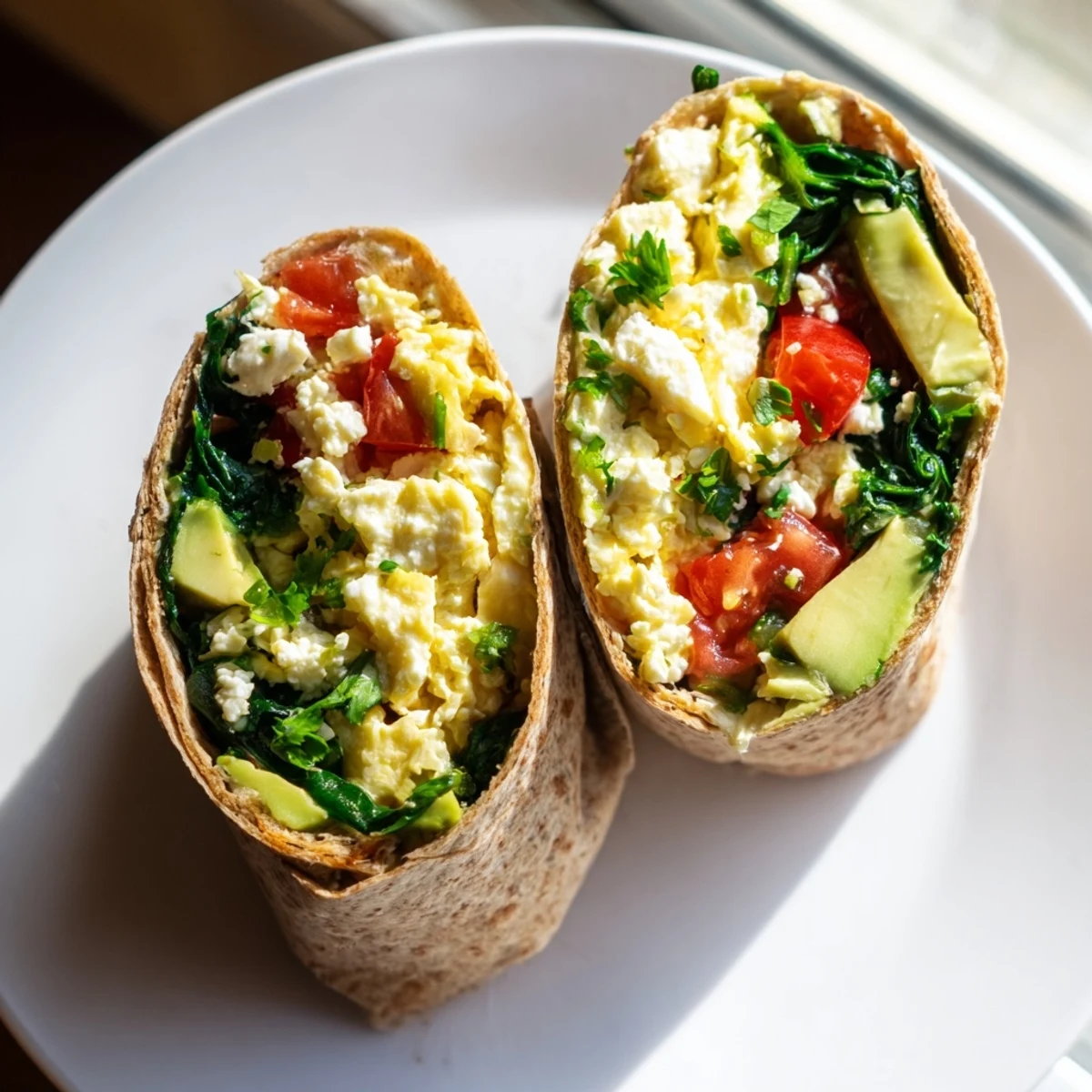 Golden-yellow feta egg wrap, overflowing with spinach and tomatoes, ready to be enjoyed as a hearty breakfast.