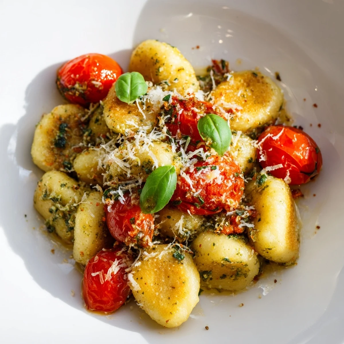 Golden, crispy gnocchi with fragrant pesto and bright red cherry tomatoes in a skillet pan.