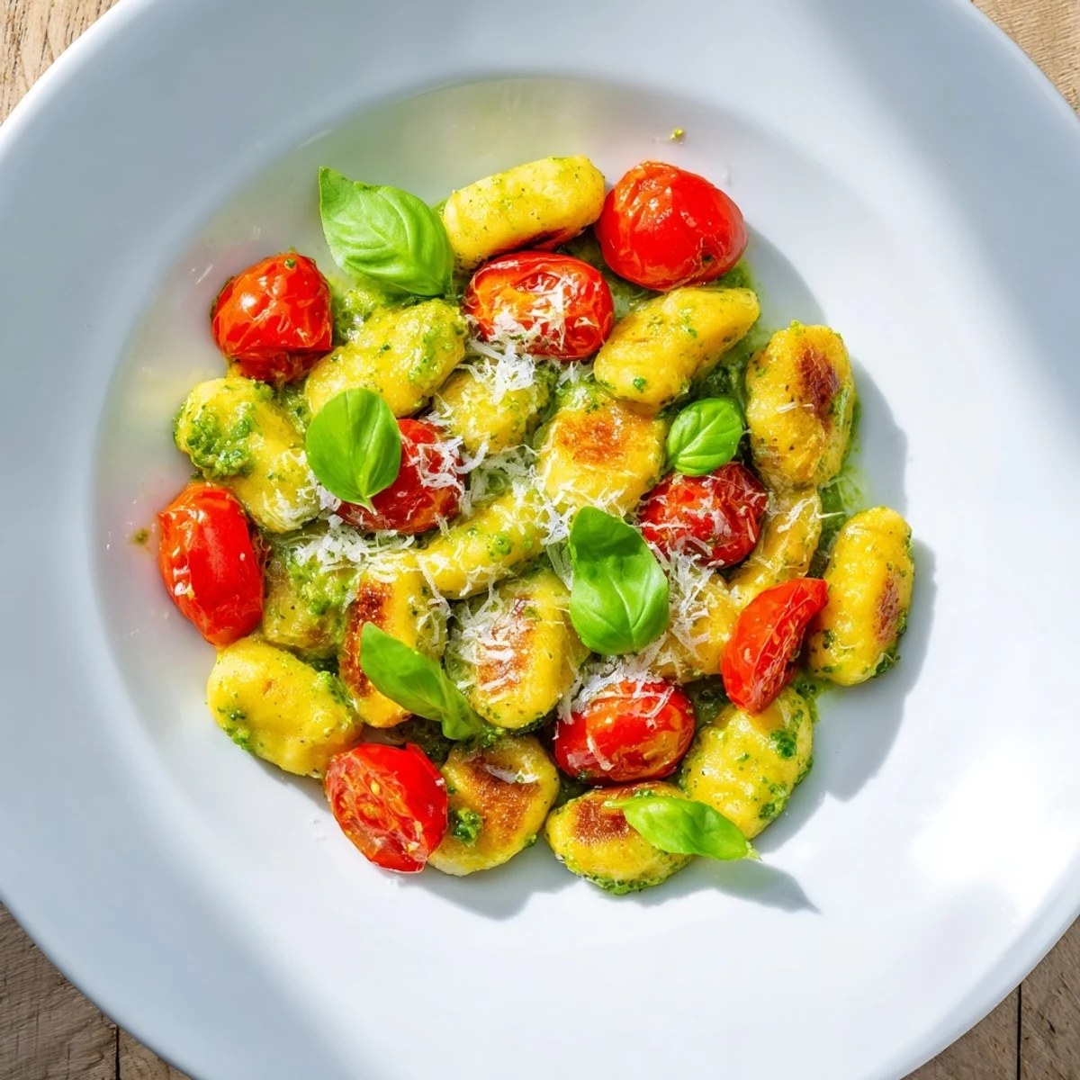 Delicious pan-fried crispy gnocchi coated in vibrant basil pesto, ready to serve with Parmesan.