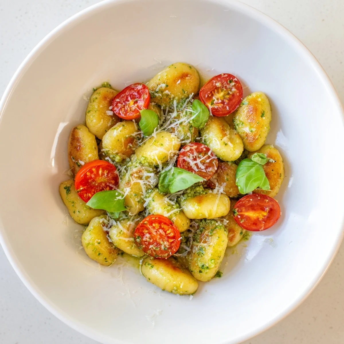 A close-up shot of crispy gnocchi combined with pesto, tomatoes, and beautifully garnished.