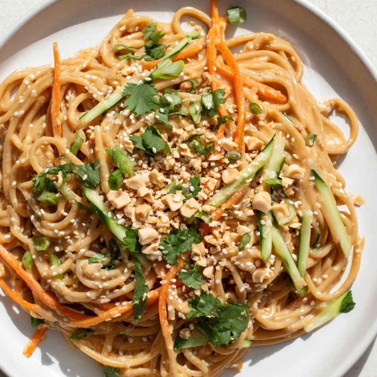 Cold sesame noodles with vibrant julienned vegetables, a creamy sesame sauce, and fresh herbs.