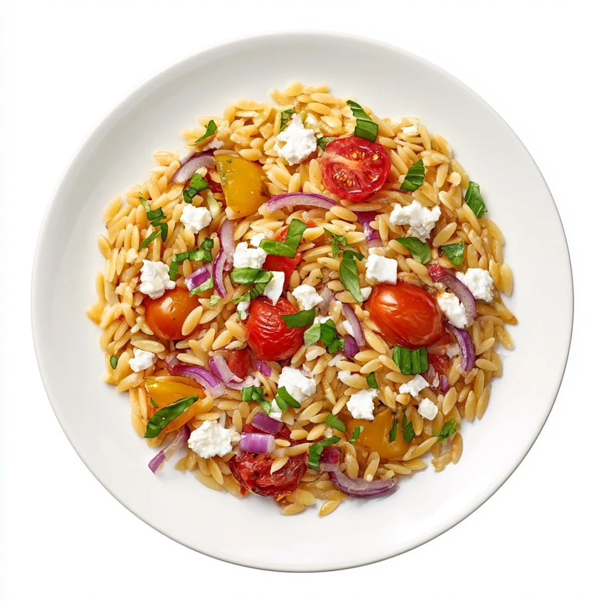Brightly colored Tomato Feta Orzo pasta salad, featuring juicy tomatoes and creamy feta cheese, ready to serve.