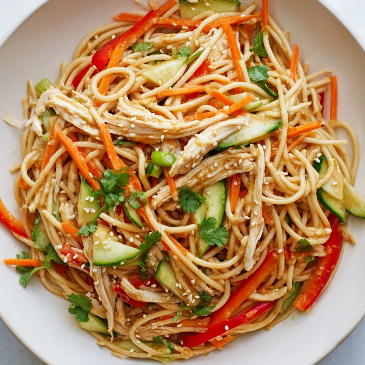 Chilled Chicken Noodle Salad boasts colorful crisp veggies in a sesame dressing, a satisfying summer dish.