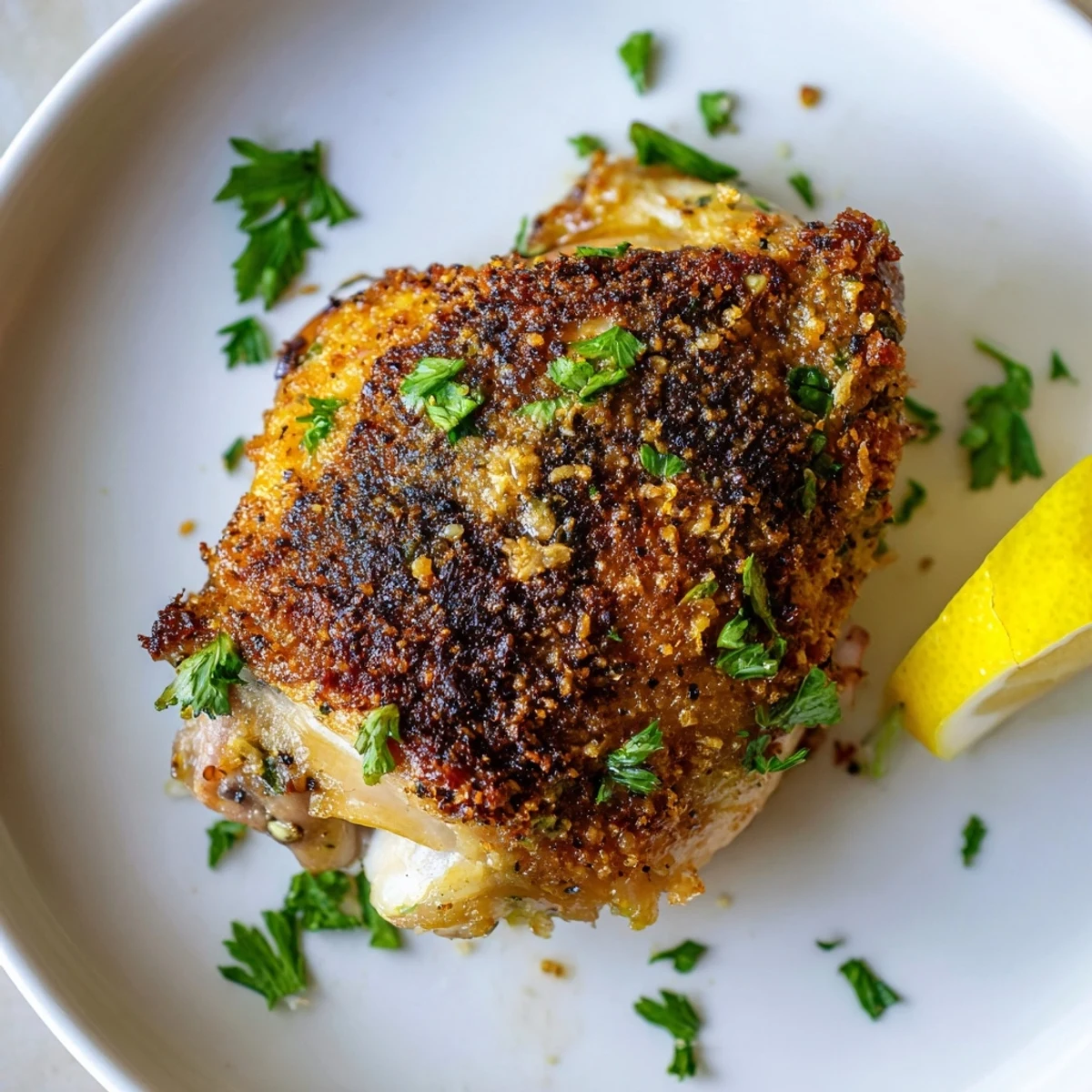 Golden, crispy garlic chicken thighs with flavorful skin, ready to serve with lemon and parsley.